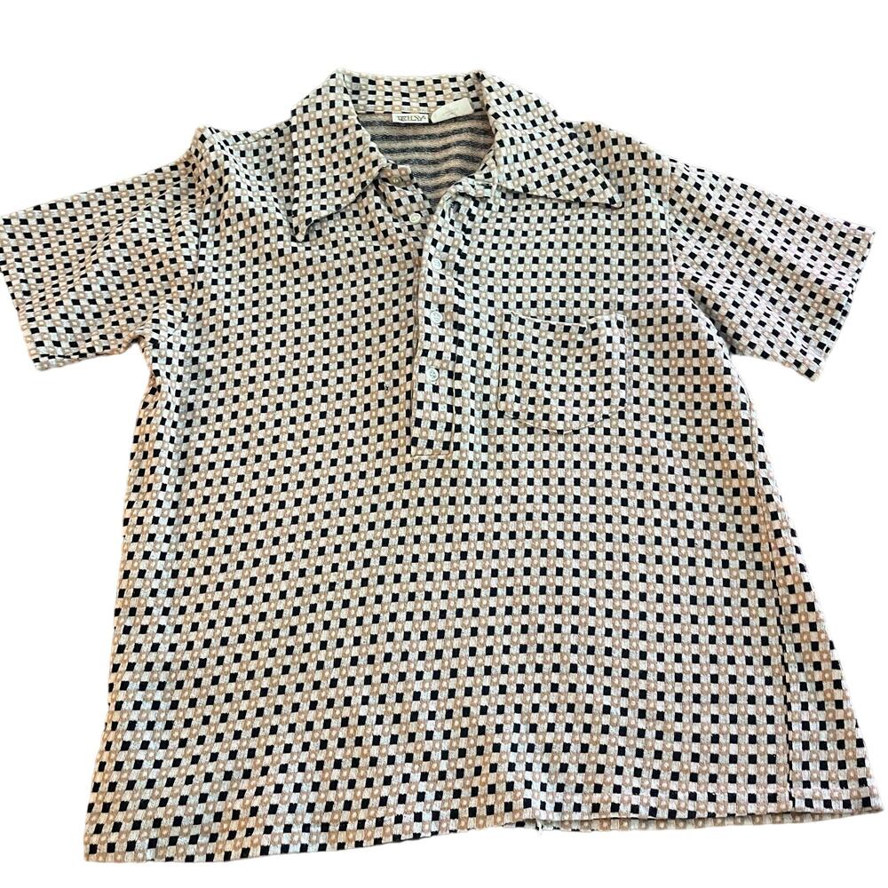 Vintage Polyester Tan Black Ely Checkered 70s Polo-Size Large